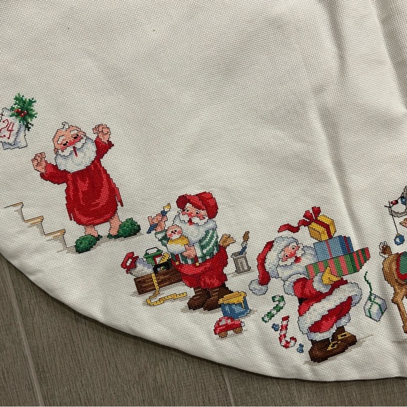 Completed Cross Stitch Christmas Tree Skirt Santa - Picture 2 of 5